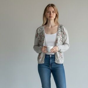 Gray Embroidered Women's Vintage Knit Sweater✨